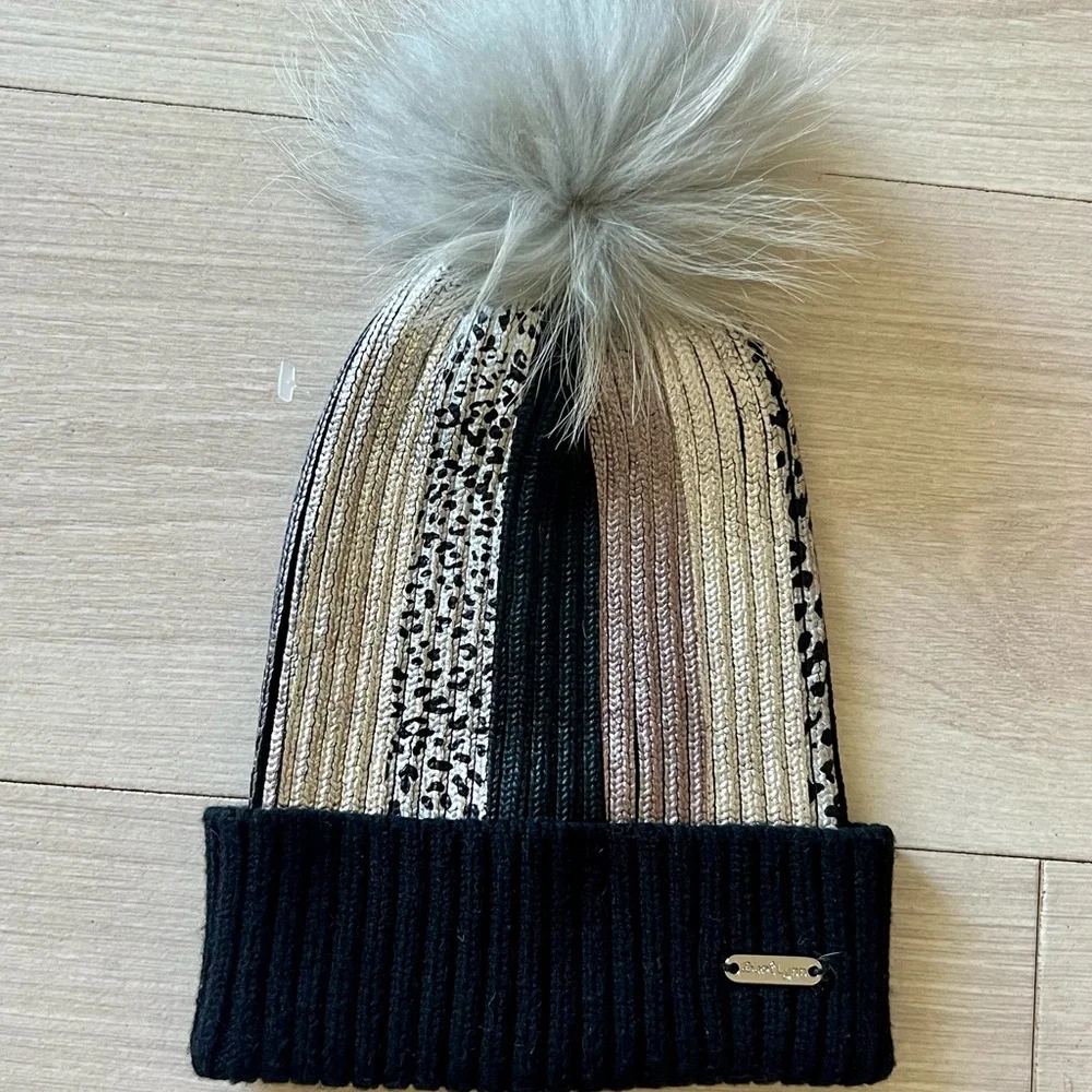 Bari Lynn Metallic Leopard Beanie Black/Silver Metallic - New with Tag